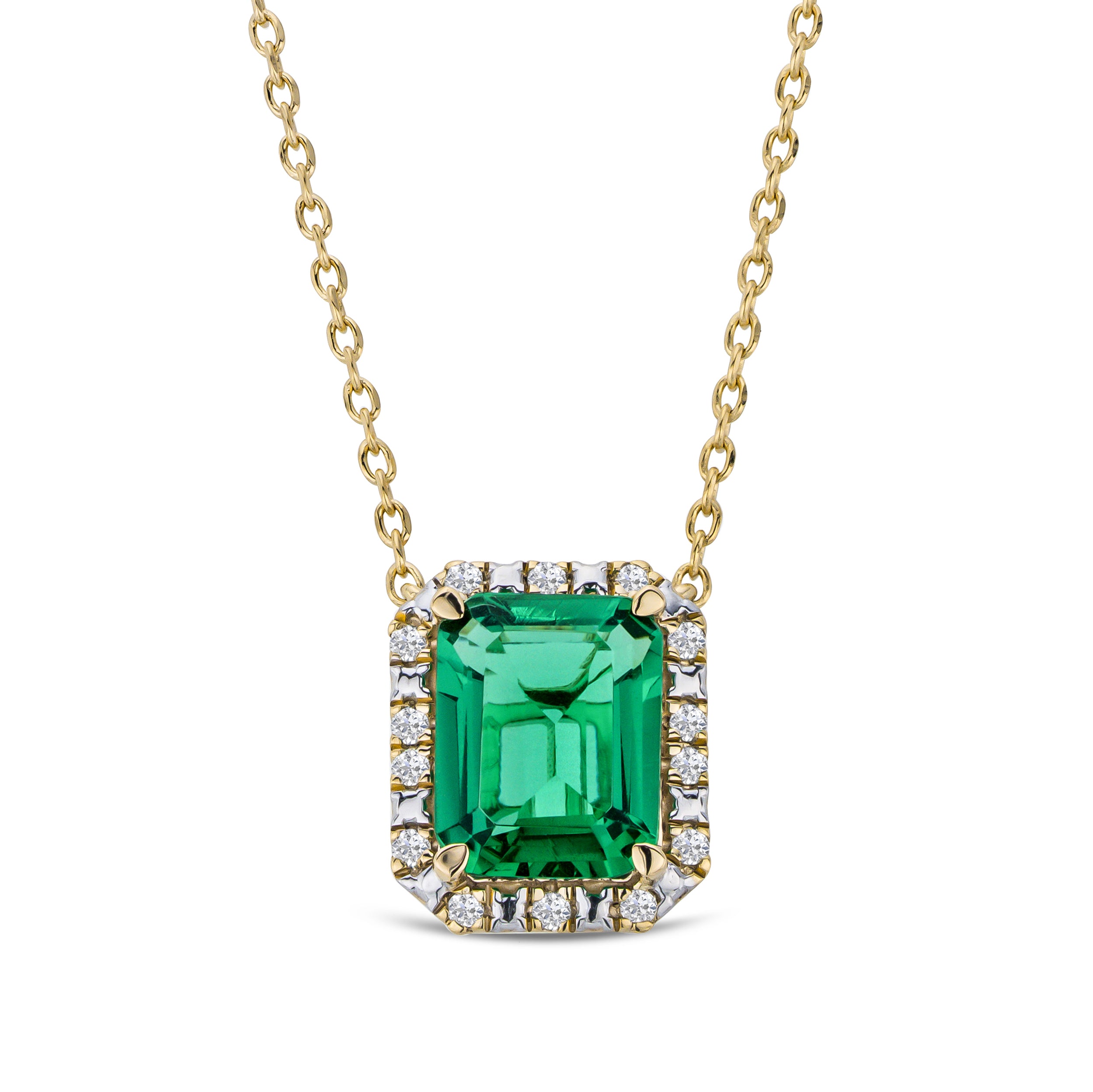 Astra 1.50ct Lab Emerald and Diamond Halo Octagon Cut Necklace in 18K Gold Vermeil